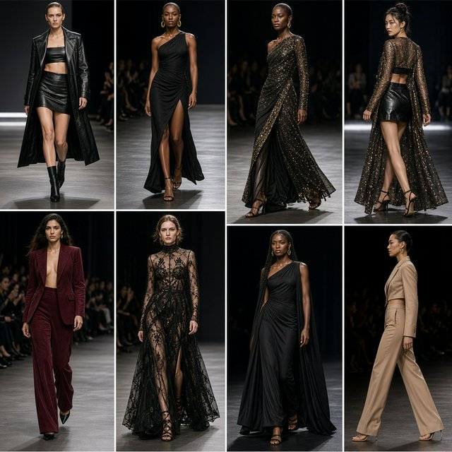 Adult female fashion models on the runway. There are models of all races: white, Black, Asian, Mexican, Indian, mixed race, etc. The vibe is cool and fierce. Many angles. — Grok Imagine Image 2