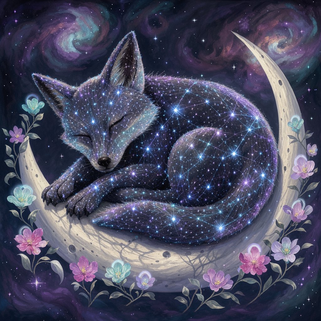 A miniature, intricately detailed fox crafted from living constellations, curled asleep atop a crescent moon. Surrounding it are delicate, bioluminescent flowers that pulse with gentle light, casting intricate shadows. The background is a deep indigo sky filled with swirling nebulae and distant, twinkling stars. The overall aesthetic is dreamlike and whimsical, with a painterly finish and a touch of cosmic wonder. — FLUX 3 Image Klein