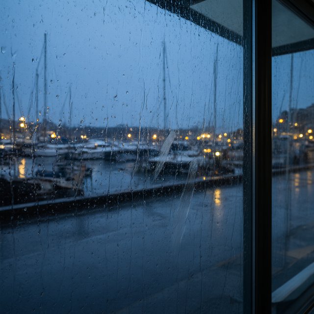 Raindrops crawl down a bus shelter pane, warping blurred harbor lights beyond. A handheld evening street snapshot in cool sodium glow, shot at 50mm with shallow depth of field, catches tiny water trails and a faint wipe mark. — Qwen Image 3.0