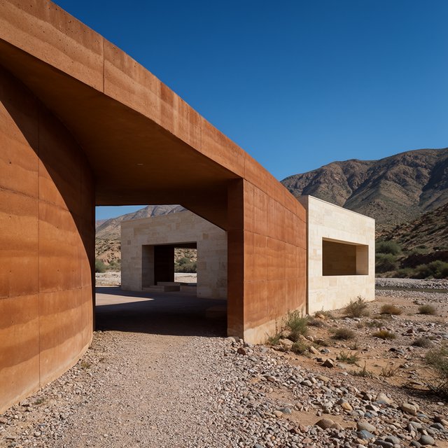 A contemporary desert visitor pavilion built from rust-colored rammed earth and pale limestone sits beside a dry wadi; deep shaded openings frame the courtyard. Hard midday sun, viewed from the gravel approach, crisp geometry and believable construction. — Krea 2 Large