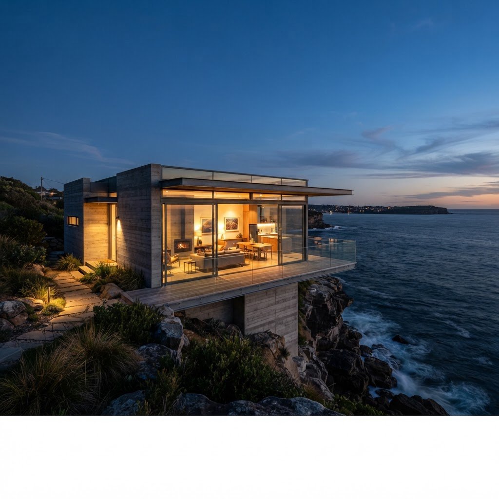 Exterior of a small concrete-and-glass house on a cliff above the sea, dusk, interior lights on, architectural photography. — Nano Banana 2 Lite