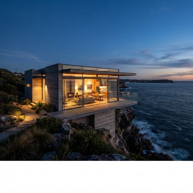 Exterior of a small concrete-and-glass house on a cliff above the sea, dusk, interior lights on, architectural photography. — Nano Banana 2 Lite