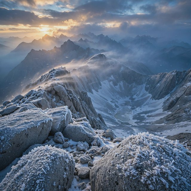 Wind combs a high granite ridge above a glacial cirque at sunrise, beneath clearing snow squalls; granular rime crusts foreground boulders while successive peaks dissolve into blue cloud shadow. — Muse Image 1.0