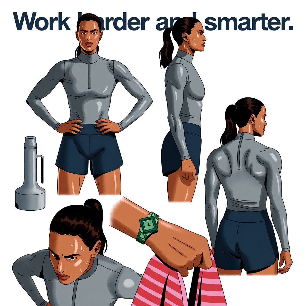 A pretty adult mixed-race woman of Korean and Black heritage, wearing fitted gym wear. Scene: a heavy workout with sweat. POV: full front, back, side, and aerial views. Near her are a unique-looking water bottle, a diamond green watch, a pink and red towel, and text in the background that says “Work harder and smarter”. — Krea 2 Medium