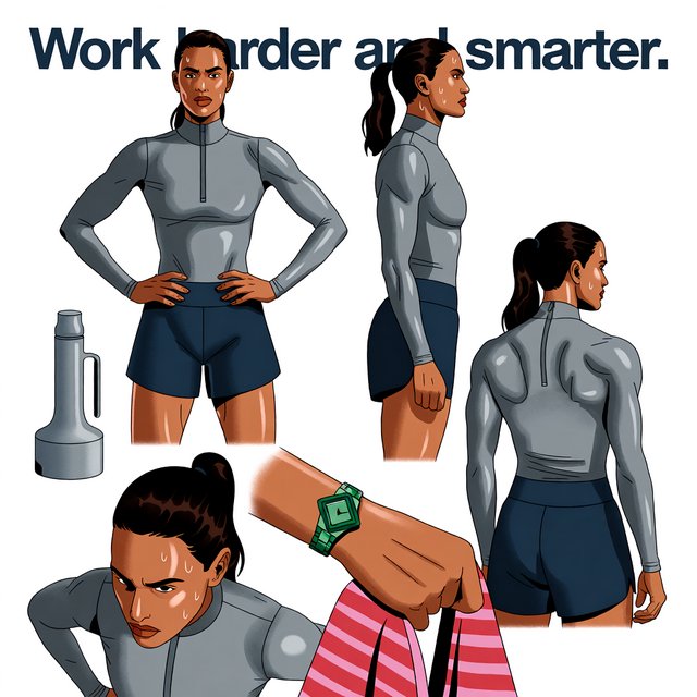 A pretty adult mixed-race woman of Korean and Black heritage, wearing fitted gym wear. Scene: a heavy workout with sweat. POV: full front, back, side, and aerial views. Near her are a unique-looking water bottle, a diamond green watch, a pink and red towel, and text in the background that says “Work harder and smarter”. — Model 11