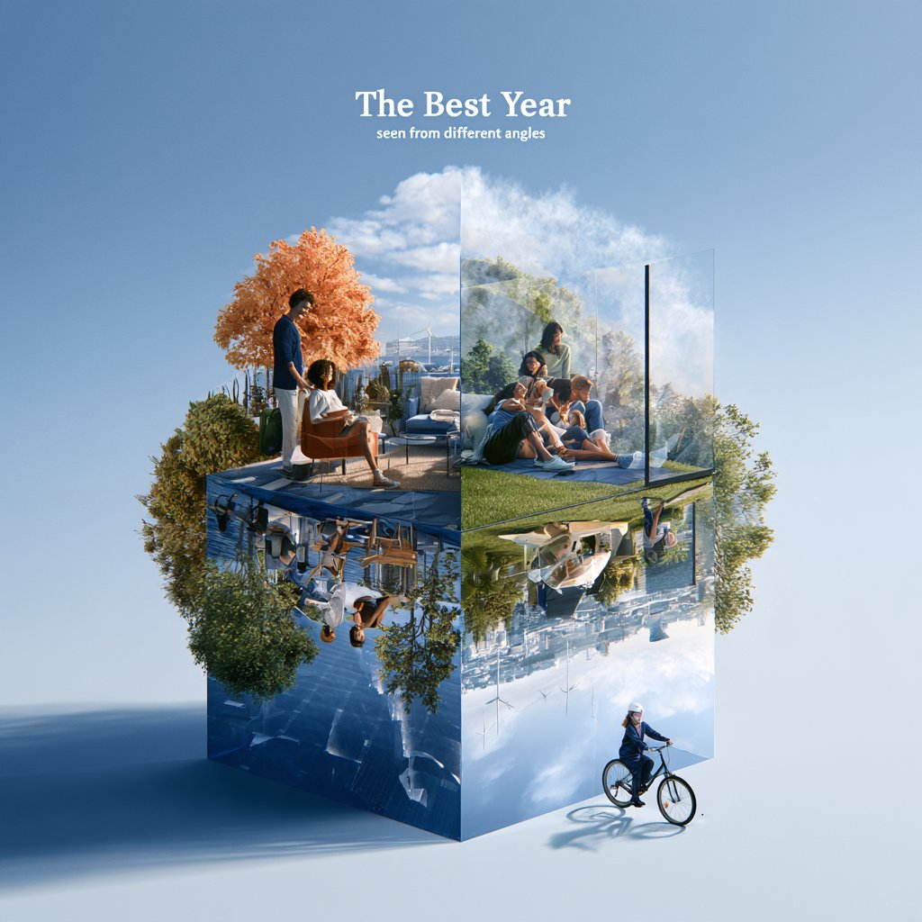 A realistic image where the theme is all about people having the best year ever. 4–6 moments seen from different angles. At the top it says, "The Best Year seen from different angles". — Midjourney V8.2