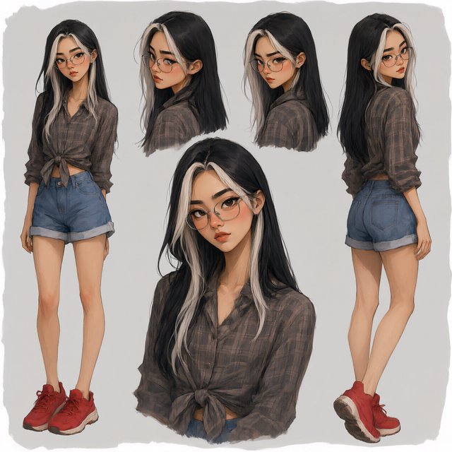 Character exploration sheet of the same woman: several bust and waist-up studies with varied expressions and 3/4 views, including one from behind, glancing over her shoulder at the viewer; one larger central portrait; and one full-length figure at the side, spanning the image height. Plain light-gray background with irregular painted edges. Character: 25-year-old Korean woman with long straight black hair and two platinum face-framing streaks from roots to ends, glasses, tipped almond eyes, Asian skin tone, plaid button-up tied at the waist, cuffed denim shorts, chunky red sneakers. Style: stylized semi-realistic digital painting; animation-inspired proportions, large eyes, strong brows, simplified but solid anatomy, painterly shape-based rendering, minimal linework, soft facial shading, angular clothing brushwork, warm luminous skin with peach/terracotta undertones and rosy cheeks/nose, sculpted hair, muted charcoal/earth palette, soft studio light, loose unfinished edges. — Model 17
