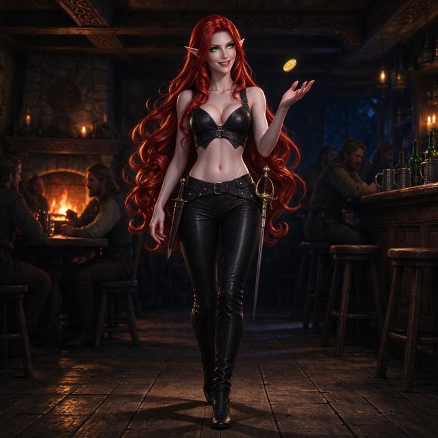 A beautiful, slim adult elf woman wearing black leather pants and a black leather crop top that leaves her belly exposed. She has stunning, intense green eyes and long, flowing, curled red hair. She is smiling; she is a rogue, with a rapier hanging from her belt. She is catwalking through a medieval fantasy tavern at night while flipping a golden coin, in a realistic fantasy style. — Seedream 5.0 Flash