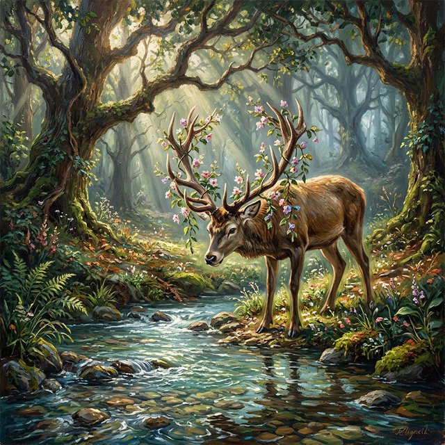 A majestic deer, its antlers intertwined with blooming vines, pauses by a crystal-clear stream in an enchanted glade. Sunlight filters through the canopy, dappling the forest floor. This is an oil painting with a rich, textured surface, capturing the dreamlike atmosphere of the scene. — Nano Banana 2.1