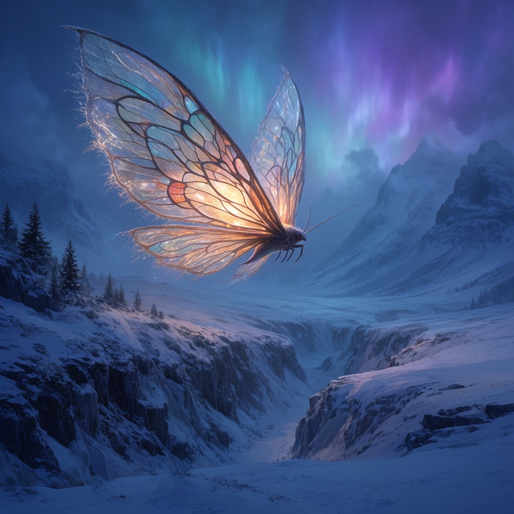 A cathedral-sized mothlike creature glides above a frozen ravine, its translucent wings veined with amber light and fringed with frost. Tiny mountain pines cling to the cliffs as aurora colors ripple across the snow. — Krea 2 Large