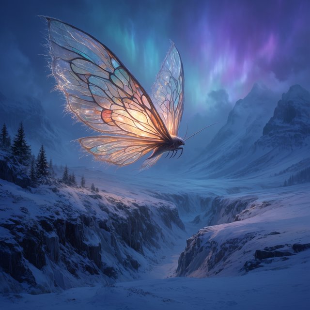 A cathedral-sized mothlike creature glides above a frozen ravine, its translucent wings veined with amber light and fringed with frost. Tiny mountain pines cling to the cliffs as aurora colors ripple across the snow. — Krea 2 Large