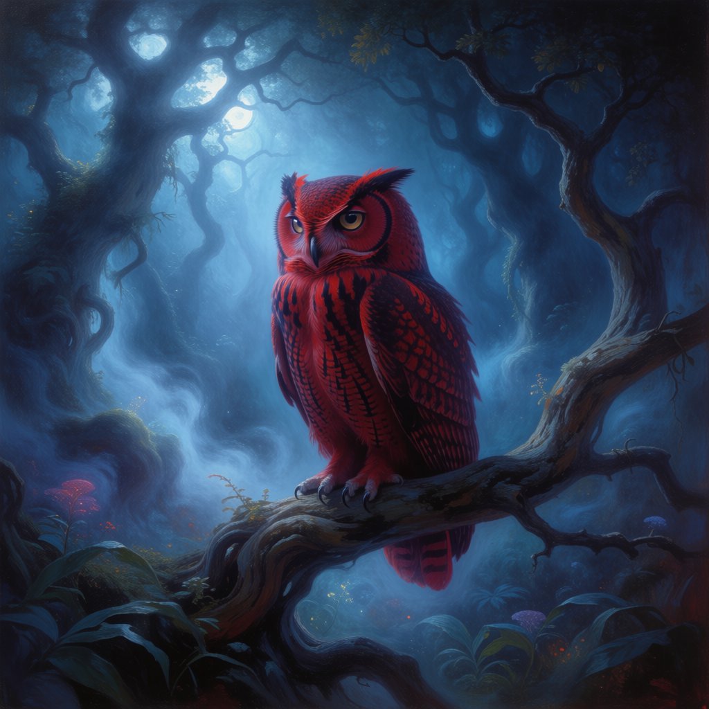 A majestic owl with ancient, knowing eyes perched on a gnarled branch within an ethereal forest. Moonlight filters through the dense canopy, illuminating swirling mists and glowing flora. The scene evokes a sense of deep mystery and ancient magic. Rendered in the style of magical realism with rich oil painting textures. — Krea 2 Medium