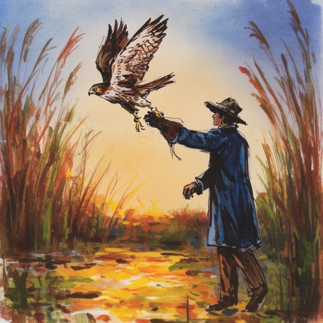 Ink-and-gouache illustration of an adult falconer releasing a hawk above a salt marsh, reeds bending in the wind and tidal pools catching sunset. Palette of rust, moss green, pale gold, and slate blue, with lively brushwork. — Krea 2 Large