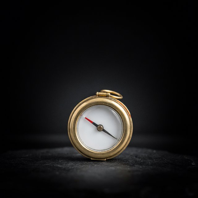 A compact brass pocket compass rests on black slate, its satin-metal casing and clear glass cover catching a broad diffused key and narrow warm rim light against a deep charcoal background; an unbranded commercial product image, blank face without lettering. — Ideogram v4.5