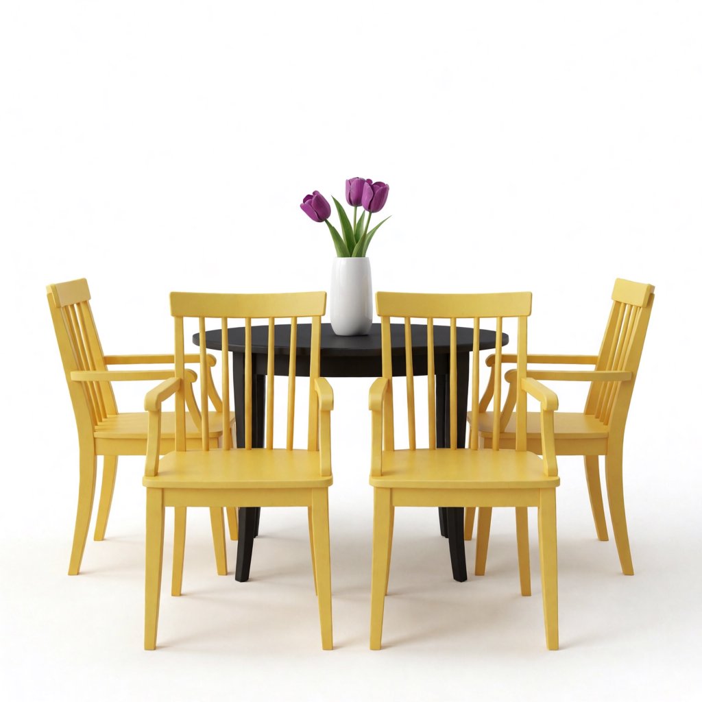 Exactly four yellow wooden chairs surround a round black table: two chairs at the front, one on the left, and one on the right. A white vase with three purple tulips sits at the table center, nothing else. — Krea 2 Medium