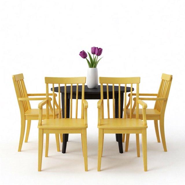 Exactly four yellow wooden chairs surround a round black table: two chairs at the front, one on the left, and one on the right. A white vase with three purple tulips sits at the table center, nothing else. — Krea 2 Medium
