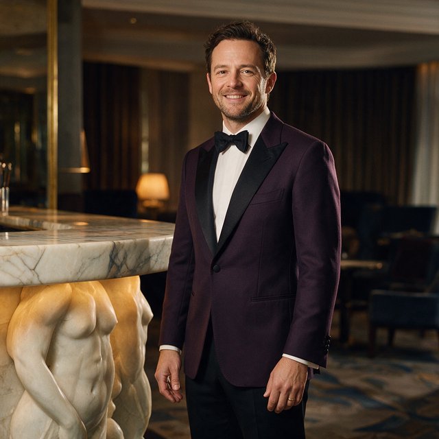 Editorial glamour photograph of an adult man in a midnight-plum dinner jacket and black trousers, standing naturally beside a sculptural marble bar in a quiet hotel lounge, flattering amber light, easy smile, polished editorial elegance. — Seedream 5.0 Pro