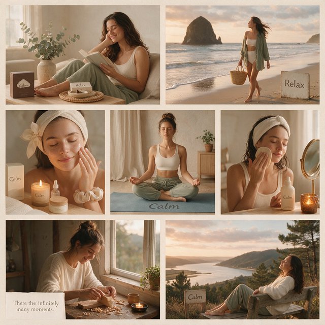 An image representing the word and concept of “Relaxing.” There are at least 4 moments that represent this. The word “Relax” and another word representing it are hidden naturally in the background. — Seedream 5.0 Pro