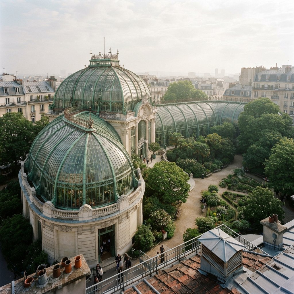 From a nearby rooftop, an Art Nouveau conservatory curves around a planted courtyard, its green copper ribs, clear glass, and pale stone base catching hazy morning light; orderly rooflines and believable supports show from above. — Nano Banana 2 Lite