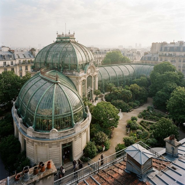 From a nearby rooftop, an Art Nouveau conservatory curves around a planted courtyard, its green copper ribs, clear glass, and pale stone base catching hazy morning light; orderly rooflines and believable supports show from above. — Nano Banana 2 Lite