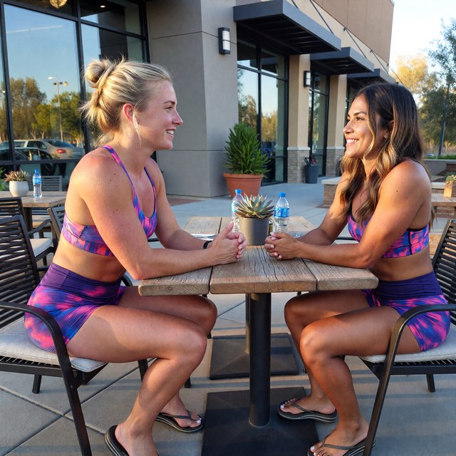 Two muscular adult women in their twenties, one Caucasian blonde and one Latina, sit at an outdoor café table beside a gym after their workout. They wear tight workout shorts, sports bras, and flip-flops. — ImagineArt 1.5 Pro