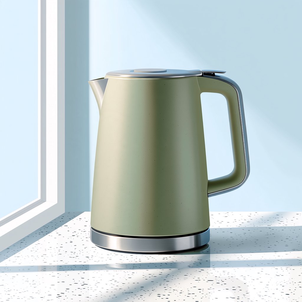 Commercial product photograph of an unbranded electric kettle made from matte sage ceramic and brushed stainless steel, resting on a white terrazzo surface against a pale blue background, with soft window light from the left and a delicate grounding shadow. — Midjourney Niji 7