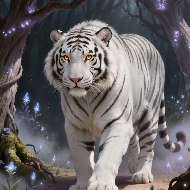 A majestic white tiger with eyes like molten gold, walking through a misty, ancient forest. Strange, bioluminescent flora casts an ethereal glow on the gnarled trees and moss-covered stones. The atmosphere is one of profound mystery and quiet solitude. Rendered in the style of detailed matte painting with a touch of dark fantasy concept art. — Kling v3 Omni