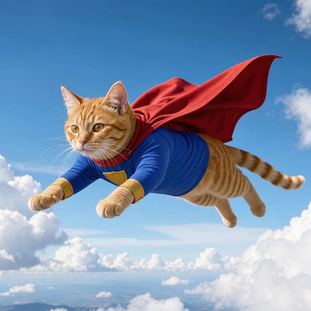 A cat flying in the sky wearing a super kitty costume. — FLUX 3 Image