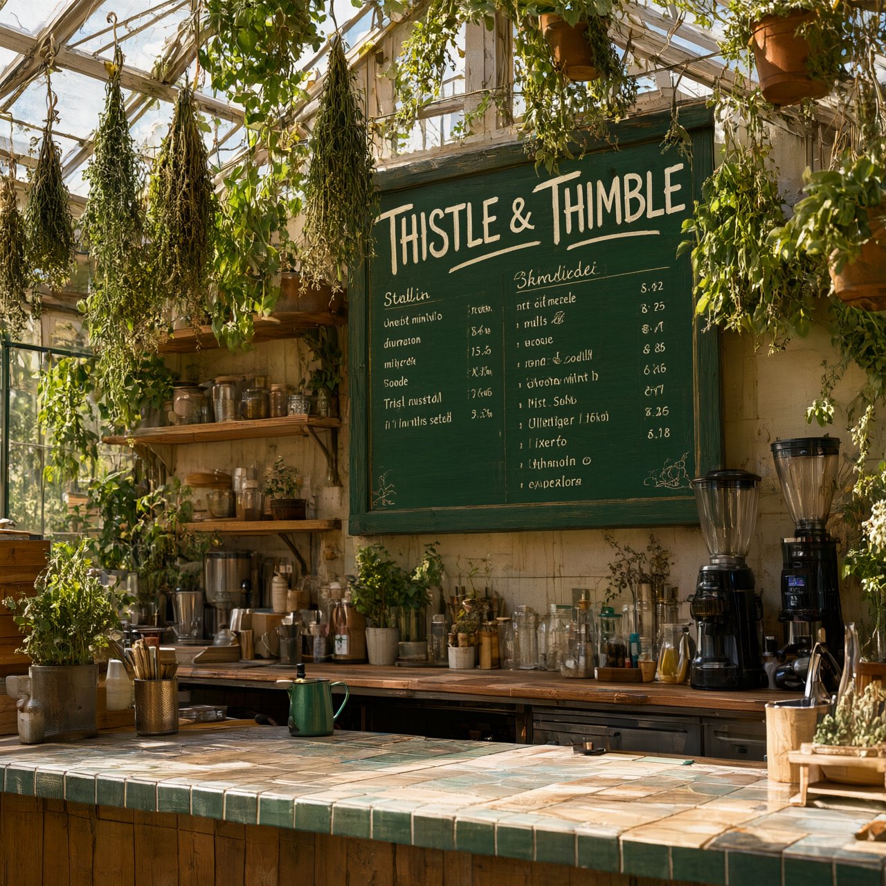 At a neighborhood greenhouse café, sunlight filters through hanging herbs above a tiled counter; "THISTLE & THIMBLE" is painted in hand-lettered cream script across a deep green wooden menu board. — Qwen Image 3.0 Pro