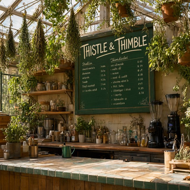 At a neighborhood greenhouse café, sunlight filters through hanging herbs above a tiled counter; "THISTLE & THIMBLE" is painted in hand-lettered cream script across a deep green wooden menu board. — Qwen Image 3.0 Pro