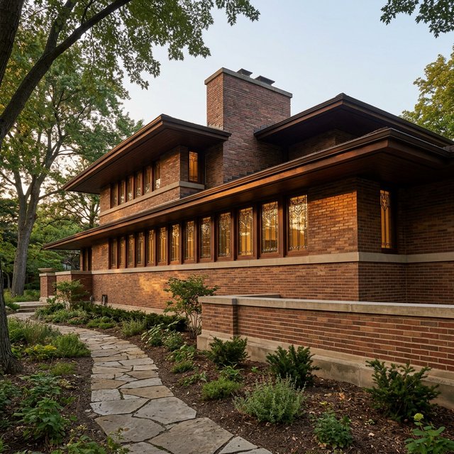Exterior of a Prairie School residence with broad overhanging eaves, warm brick, limestone courses, and ribbon windows; amber evening light grazes the facade, viewed obliquely from a garden path, with disciplined horizontal lines and credible structure. — Nano Banana 2.1
