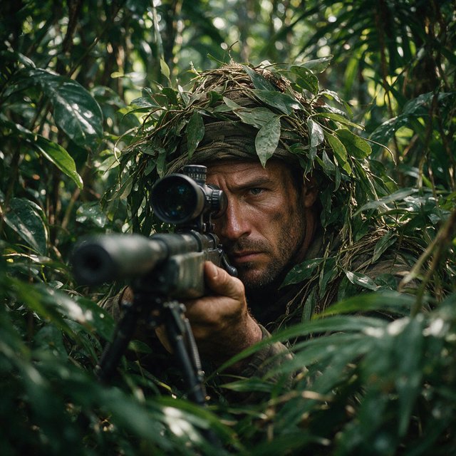 An adult sniper concealed in dense jungle foliage, aiming at a distant target, with a close-up view of his focused face. — Model 18