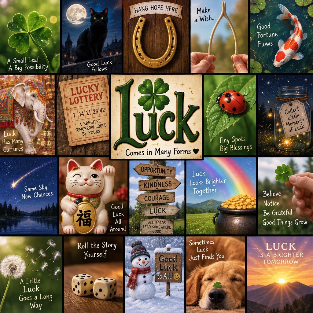 Many panels. Each panel represents an item, thing, creature, or scene that represents Luck. The word "Luck" appears at least once in the image. Be as creative as possible. — GPT Image 2.5 Sunburst