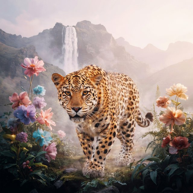 A majestic leopard, its fur detailed in intricate glowing fiber optics, emerges from a dreamlike, mist-shrouded floral mountain landscape with a waterfall in the background. The scene is bathed in ethereal light, evoking a sense of awe and wonder. — Ideogram v4.5
