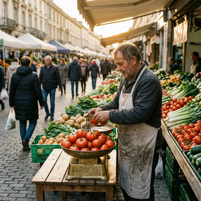 Candid street photograph of an outdoor vegetable market at golden hour, a vendor weighing tomatoes on a brass scale, shallow depth of field, 50mm lens. — Wan 2.7