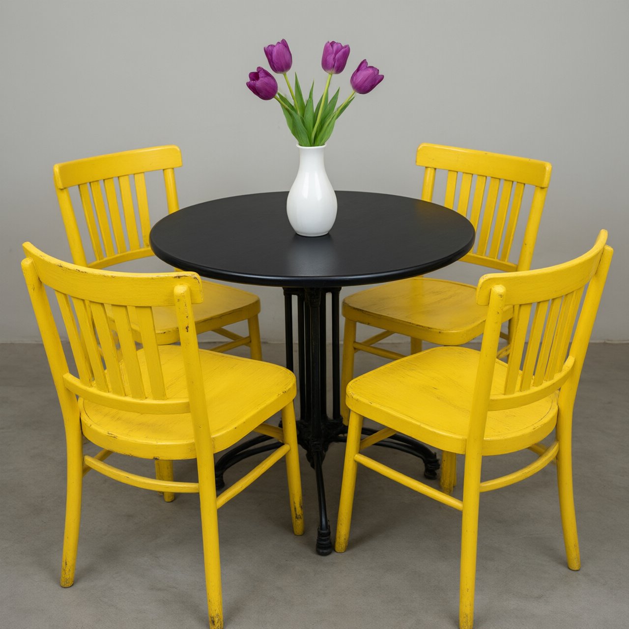 Exactly four yellow wooden chairs surround a round black table: two chairs at the front, one on the left, and one on the right. A white vase with three purple tulips sits at the table center, nothing else. — Qwen Image 3.0