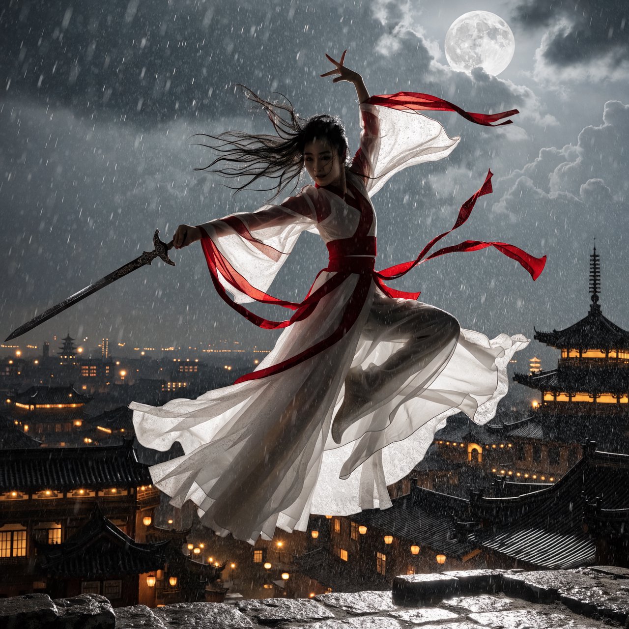 Elegant young adult Chinese female dancer performing a sword dance on a rooftop in ancient China at night, wearing flowing hanfu in primary white with secondary red accents. She leaps high in midair with her body arched backward, sword arm thrust forward, while her other arm rises gracefully above her with the hand forming delicate orchid fingers. Frontal three-quarter view, long black hair and sleeves flowing, expressive elegant pose, lantern-lit ancient city below, glowing rooftops and streets, romantic moonlit atmosphere. — Recraft v4 Pro