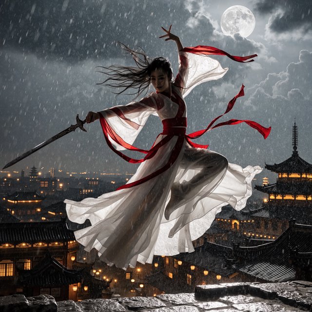 Elegant young adult Chinese female dancer performing a sword dance on a rooftop in ancient China at night, wearing flowing hanfu in primary white with secondary red accents. She leaps high in midair with her body arched backward, sword arm thrust forward, while her other arm rises gracefully above her with the hand forming delicate orchid fingers. Frontal three-quarter view, long black hair and sleeves flowing, expressive elegant pose, lantern-lit ancient city below, glowing rooftops and streets, romantic moonlit atmosphere. — Recraft v4 Pro