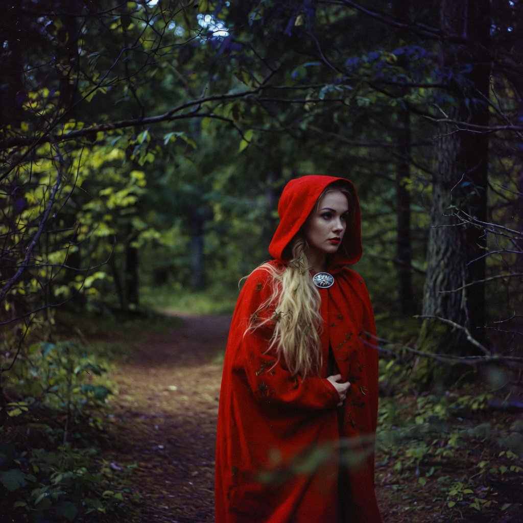 Medium shot at eye level: 1960s vintage film aesthetic. An adult woman with long, blonde hair walks alone through a dark forest. She wears a red hooded cloak, with the hood pulled up and fastened at the neck by a silver buckle. Photorealistic 1960s Technicolor film grain; soft, shallow depth of field. — Grok Imagine Image Quality