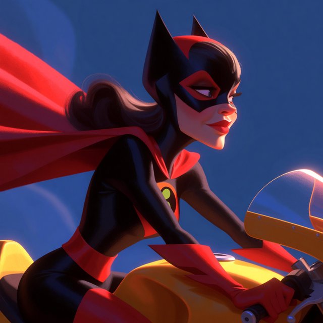 A modeled 3D character design featuring exaggerated, caricatured proportions and a striking silhouette—combined with subtle, nuanced skin shading and warm, cinematic rim lighting—creates an elegant aesthetic reminiscent of modern animated films. The result is a polished, stylized rendering characterized by rich color depth, expressive caricatured facial features, painterly texture details, and a dramatic, theatrical atmosphere typical of contemporary animation. An adult female superhero with a flowing cape on a moving motorcycle. Dieselpunk style. — Krea 2 Medium