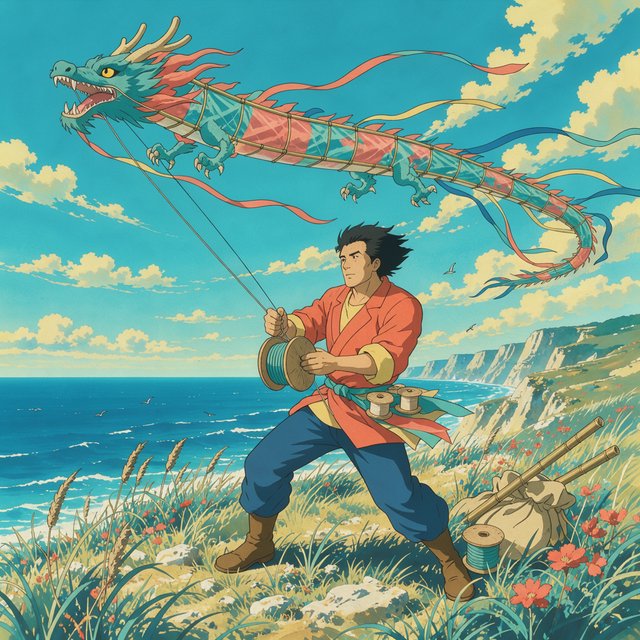 Cel-shaded anime illustration of an adult kite maker testing a vast translucent dragon-shaped kite on a windy coastal bluff, ribbons streaming above wild grasses and distant cliffs. Palette of coral, turquoise, butter yellow, and deep blue, with clean contours and a luminous sky. — FLUX 3 Image