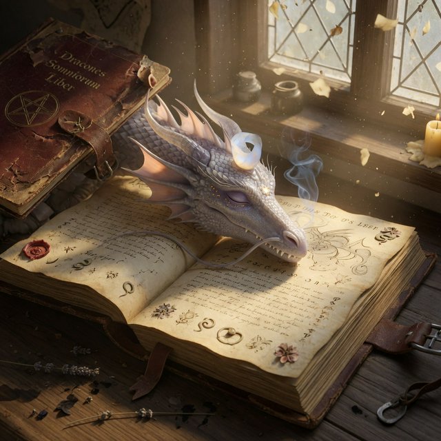A mystical dragon's head, slender and dreamy, rests upon the yellowed pages of an ancient tome, the cover worn and mysterious, as soft warm light pours in through a nearby window, casting a serene ambiance, the air thick with the scent of old parchment and forgotten knowledge. — Grok Imagine Image Quality