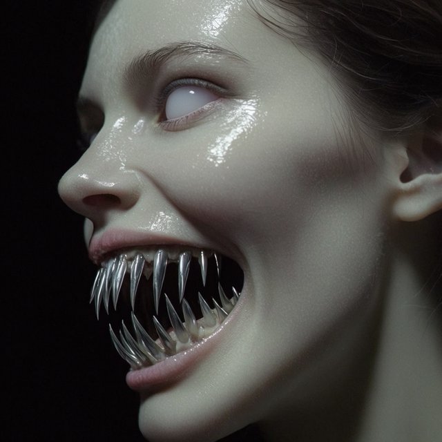 A creepy woman in side profile. Focus on the head with a slightly alien figure. Pale skin. No irises in the eyes. Mouth is open wide with very sharp, long razor teeth. Black background. Chiaroscuro effect. — Krea 2 Large