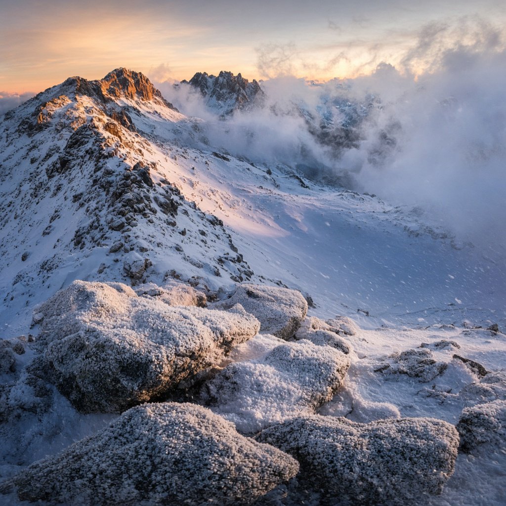 Wind combs a high granite ridge above a glacial cirque at sunrise, beneath clearing snow squalls; granular rime crusts foreground boulders while successive peaks dissolve into blue cloud shadow. — Grok Imagine Image 2