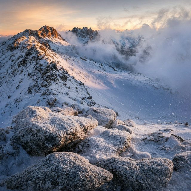 Wind combs a high granite ridge above a glacial cirque at sunrise, beneath clearing snow squalls; granular rime crusts foreground boulders while successive peaks dissolve into blue cloud shadow. — Grok Imagine Image 2