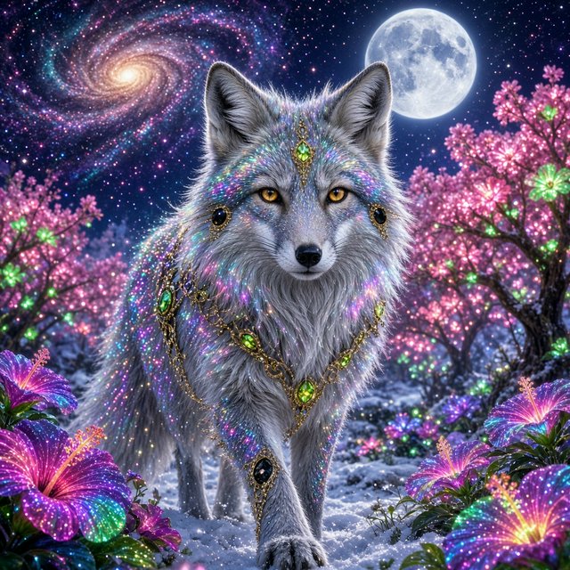 A fantasy still photography image of a majestic silver and gold fox, its fur coat features a breathtaking fiber-optic rainbow-glitter that shimmers with dense prismatic sparkles shifting vibrantly under the ethereal moonlight, the fox features deep silver undertones across its thick coat and is perched proudly in a front-facing posture, its fur is intricately adorned with embedded polished peridot and shimmering onyx that catch the glowing light, it is walking in an enchanted snow filled landscape filled with multicolored bioluminescent hibiscus flowers blooming in radiant neon shades and blooming pink bioluminescent trees with glowing green blossoms, the background features a dramatic full moon and a vibrant multicolored starry sky filled with multicolored swirling galaxy, a soft ethereal glow illuminates the fox's commanding silhouette, razor-sharp focus on its piercing golden eyes, magical realism style, fantasy art. — Grok Imagine Image 2