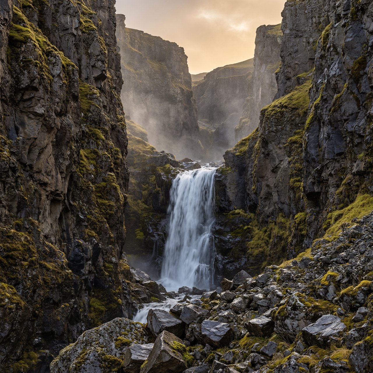 After a passing squall, a waterfall drops through a narrow basalt gorge at dusk, its white plume breaking against dark ledges; rain-beaded moss and sharp foreground stones lead toward cliffs fading behind drifting spray. — Qwen Image 3.0 Pro