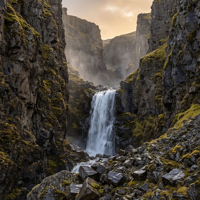 After a passing squall, a waterfall drops through a narrow basalt gorge at dusk, its white plume breaking against dark ledges; rain-beaded moss and sharp foreground stones lead toward cliffs fading behind drifting spray. — Qwen Image 3.0 Pro