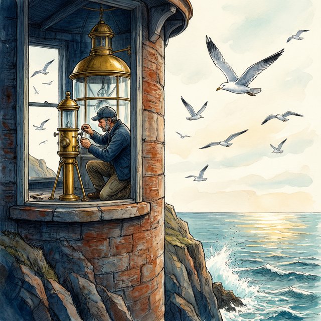 Ink-and-watercolour illustration of an adult lighthouse keeper repairing a brass lantern inside a windswept cliff tower, gulls circling beyond the window and sea spray glowing below. Palette of navy, rust, seafoam, and warm ivory, with expressive linework. — Qwen Image 3.0 Pro