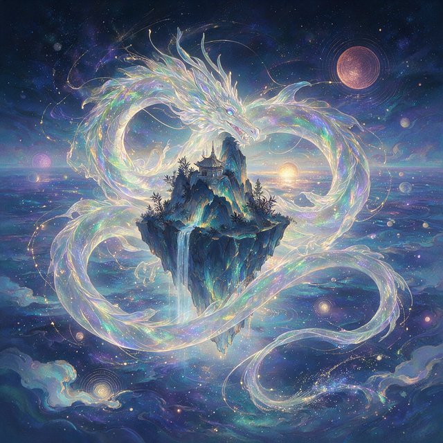 Whispers of mythic power coalesce into a spectral dragon, its form translucent and shimmering with auroral light, coiled around a floating island within a boundless celestial sea. Star-filled oceans stretch to the horizon, dotted with shimmering celestial bodies. The art style blends ethereal fantasy illustration with a subtle nod to ancient mythology, focusing on flowing lines and soft, glowing colors. The atmosphere is one of profound mystery and ancient magic. — Seedream 5.0 Pro